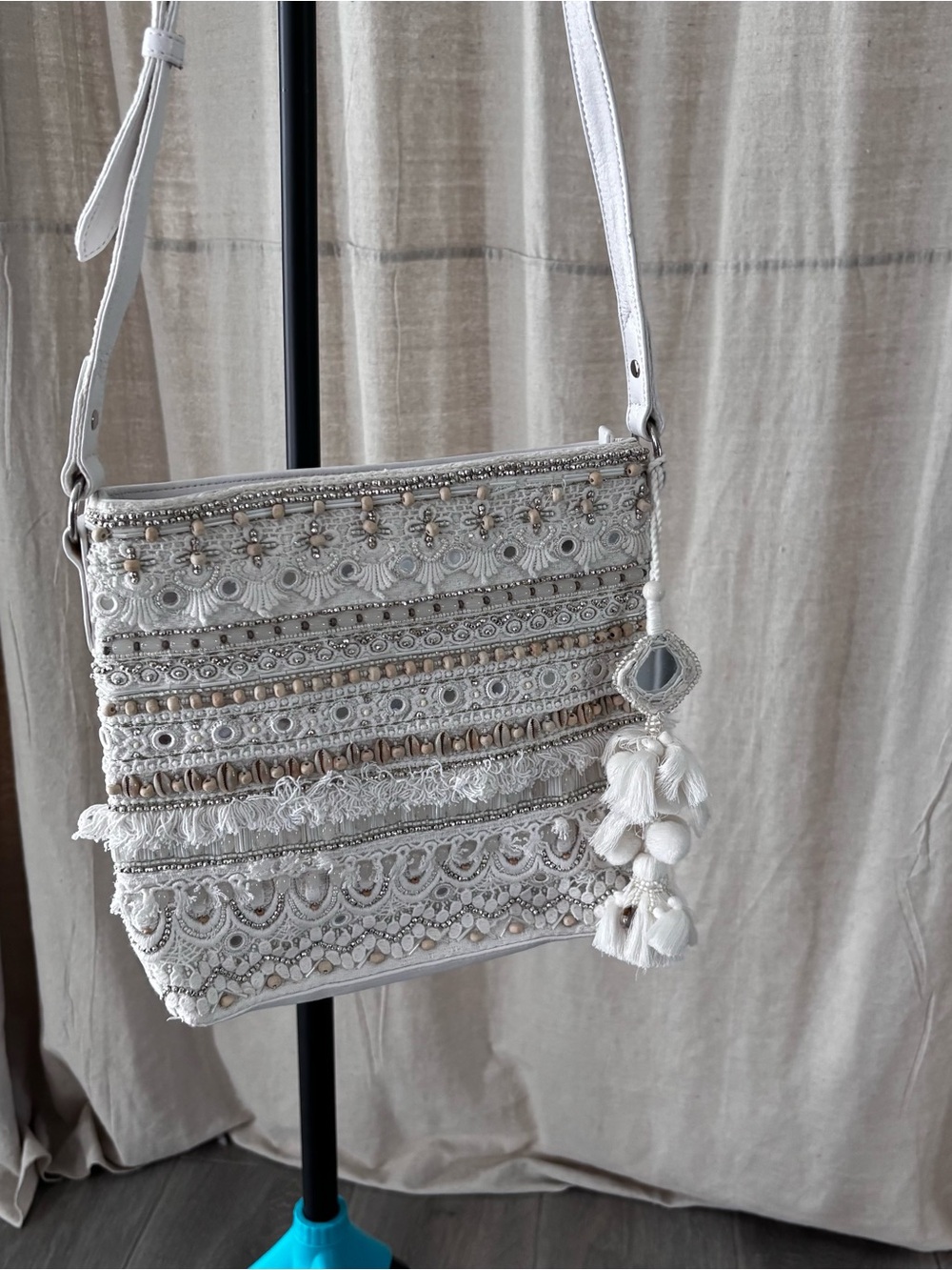 Chico's Cream Embroidered Tassel shell Crossbody Bag
